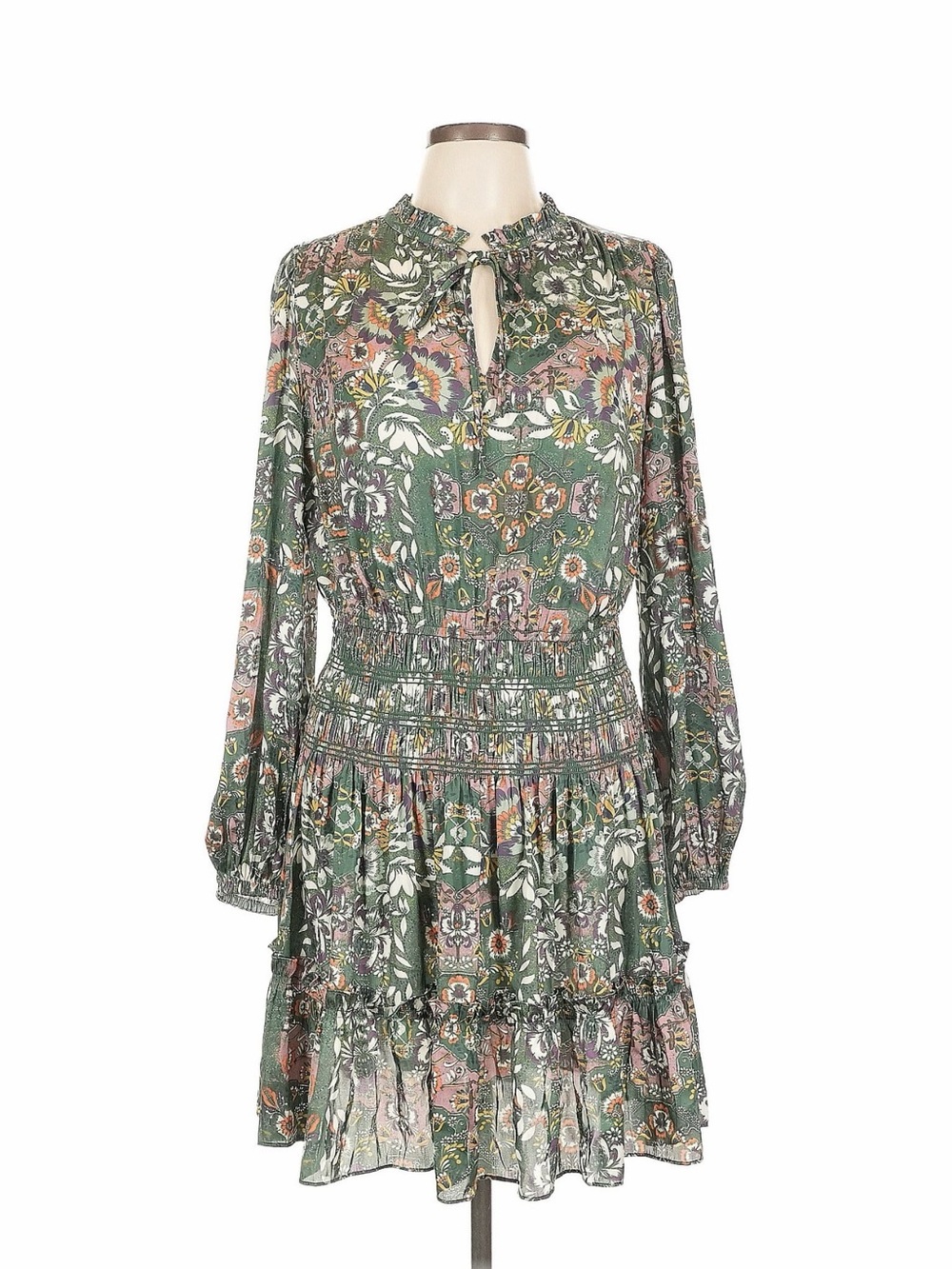 Current Air Olive Green Floral Boho Smocked Waist Dress Large
